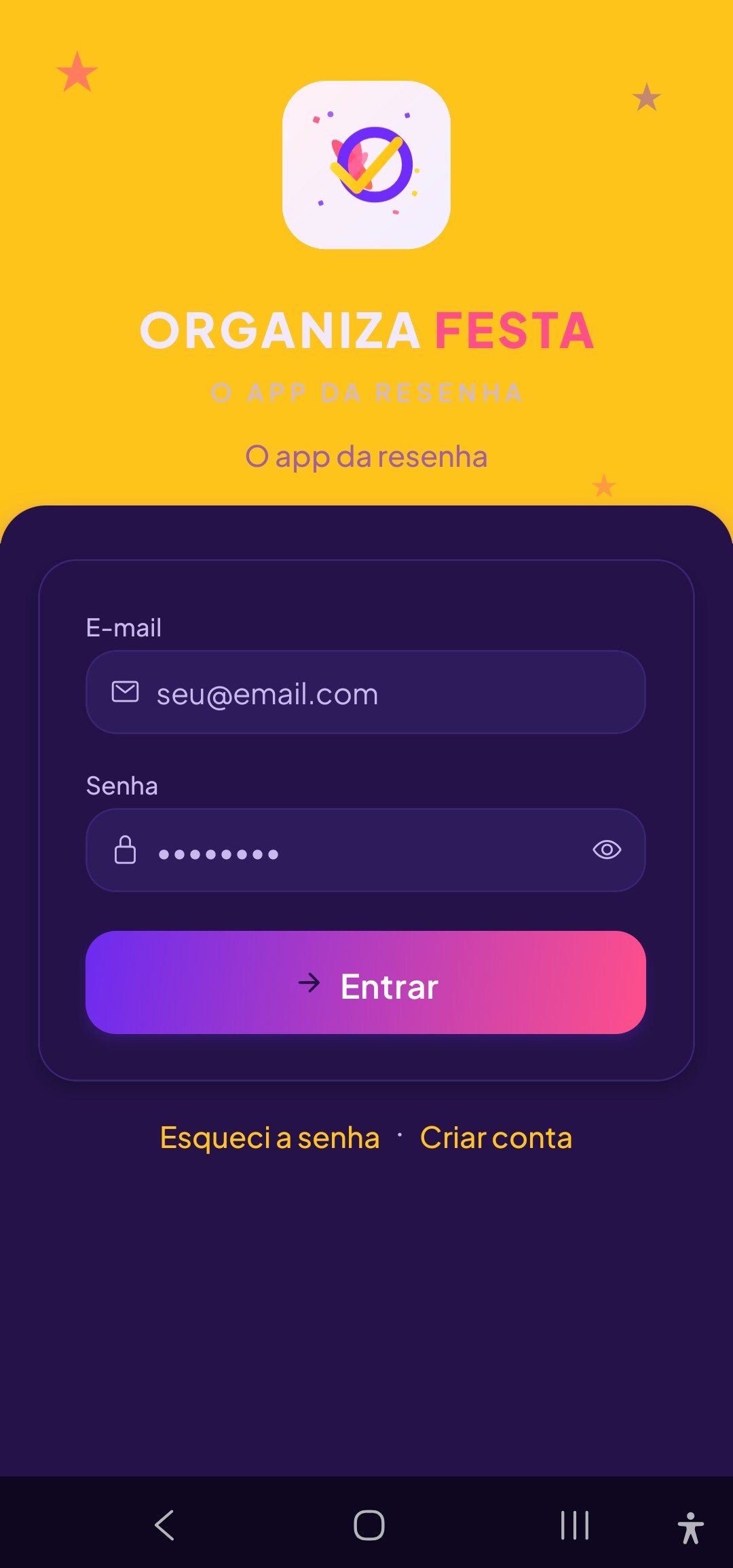 Tela de login do Organiza Festa