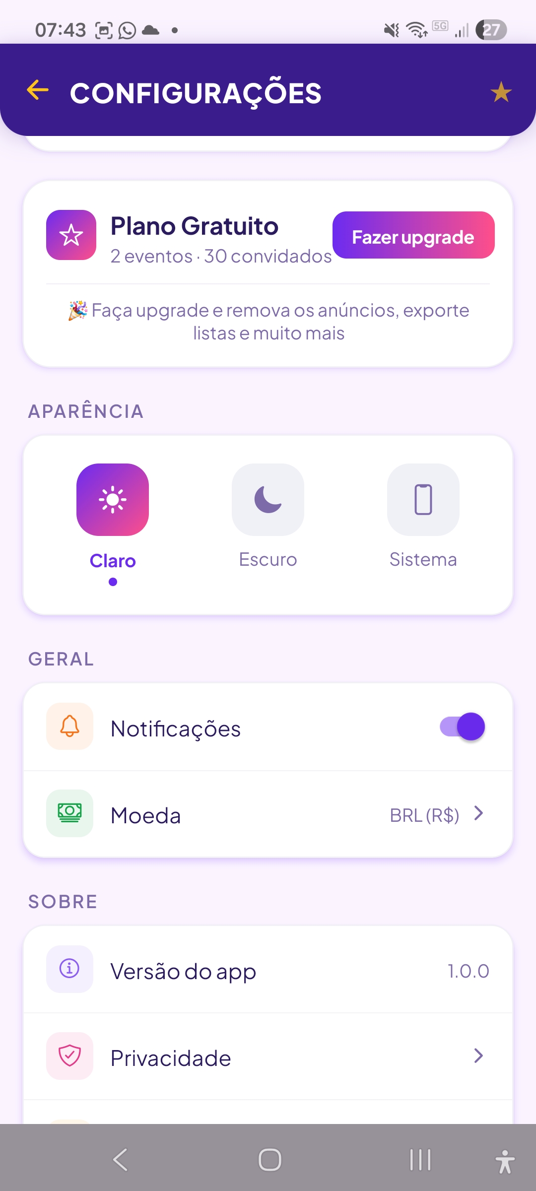 Tela de configurações com tema claro