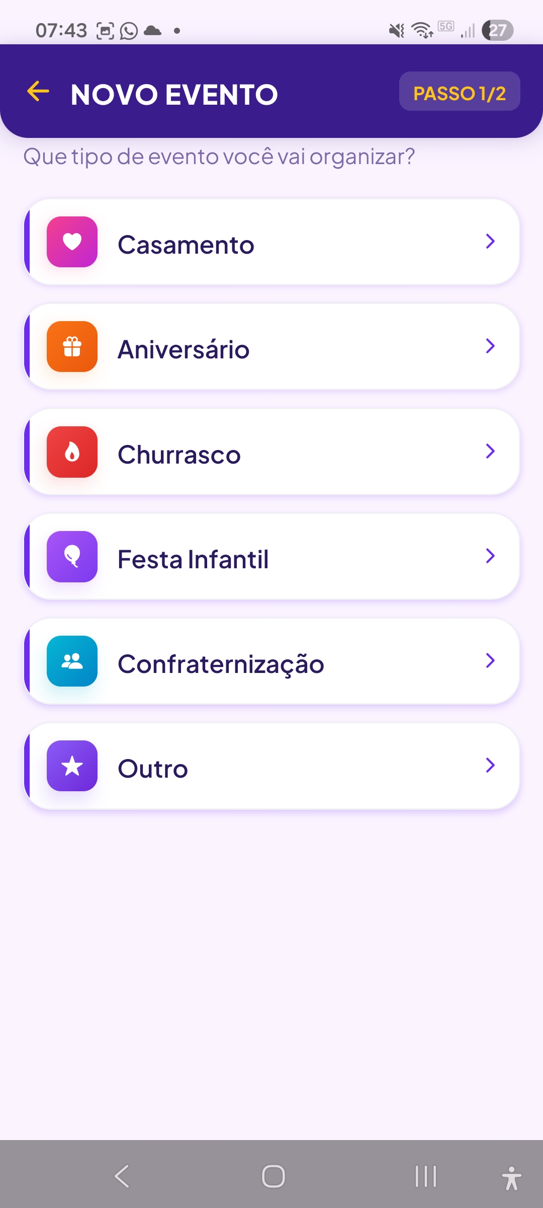 Seleção do tipo de evento ao criar um novo evento