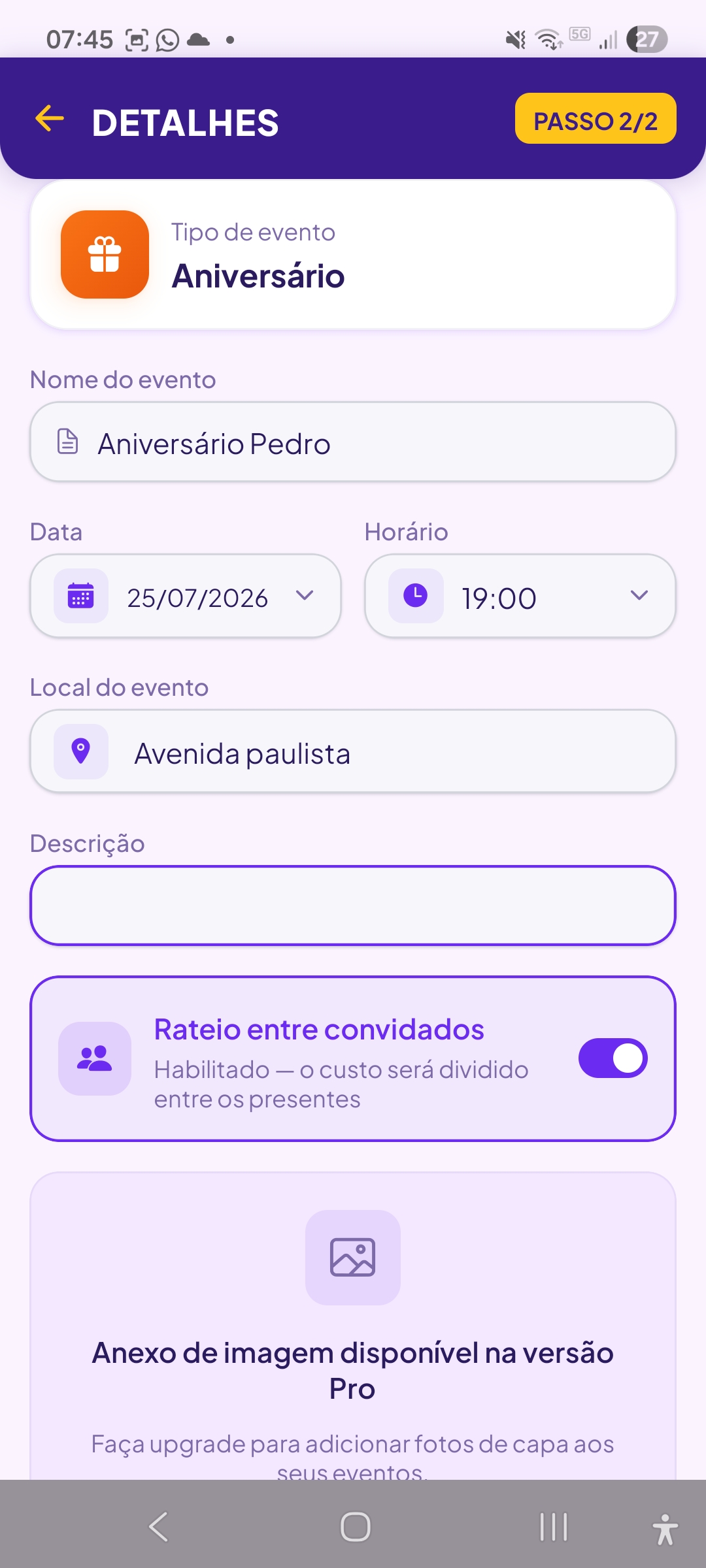 Formulário de detalhes de um aniversário