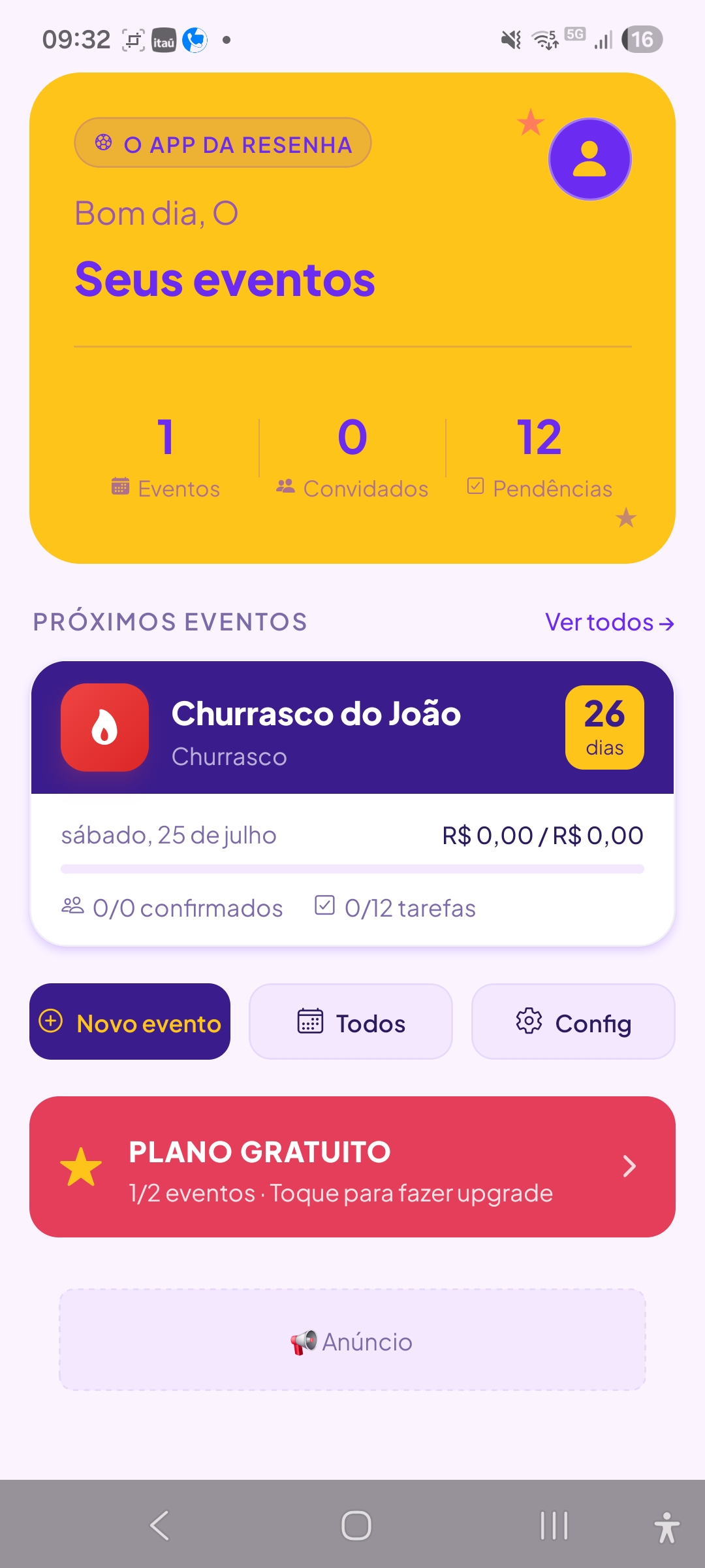 Tela inicial do Organiza Festa com um evento criado